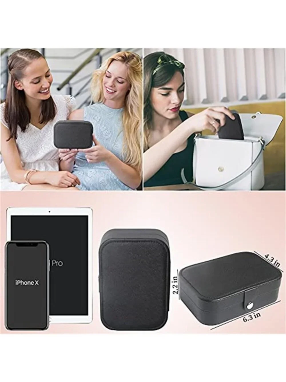 Travel Jewelry Box Organizer Black Faux Leather Necklace Ring Earring Storage